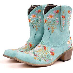 Women's Light Blue Flower Embroidered Chunky Heel Snip Square Toe Western Boot